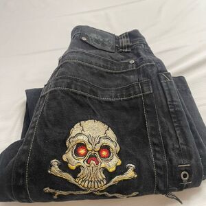 Vintage Y2K 90s Rare VTG JNCO Jeans Skull Embroidered Baggy Emo Size 29 X 28